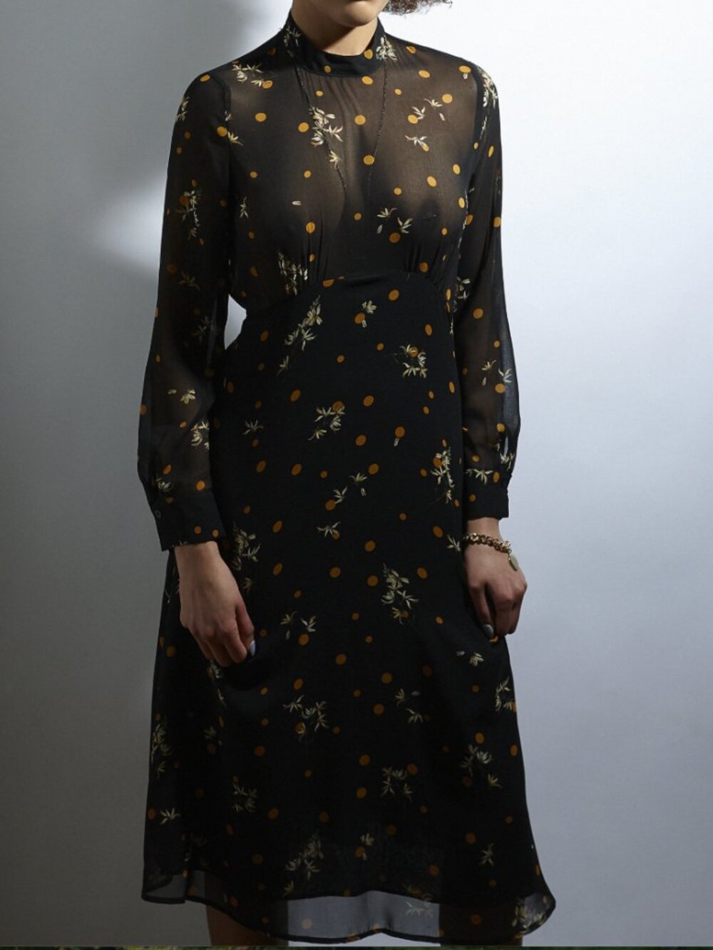 Zara Black Floral And Polka Dot Midi Dress With Long Sleeves